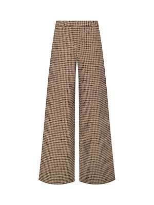 The Pilar Tweed Wide-Leg Pant is a high-rise style with a brown and black Italian windowpane checkered pattern, shown against a white background.