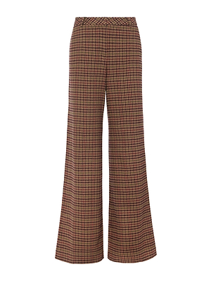 L'AGENCE Pilar Houndstooth Wide-Leg Pant in brown, red, and beige plaid features a subtle braided detail at the high-rise waistband, shown against a white background.