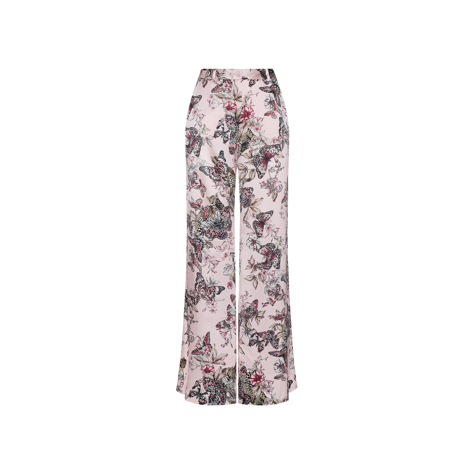 The Pilar Silk Wide-Leg Pant is a high-rise, wide-leg silk pant with a light pink background, adorned with a colorful floral and butterfly print, shown against a plain white backdrop.