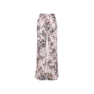 The Pilar Silk Wide-Leg Pant features a high-waisted, wide-leg silhouette crafted from flowy, lightweight silk. Designed with a pink background, these pants showcase an intricate butterfly jungle print in shades of black, white, and red.