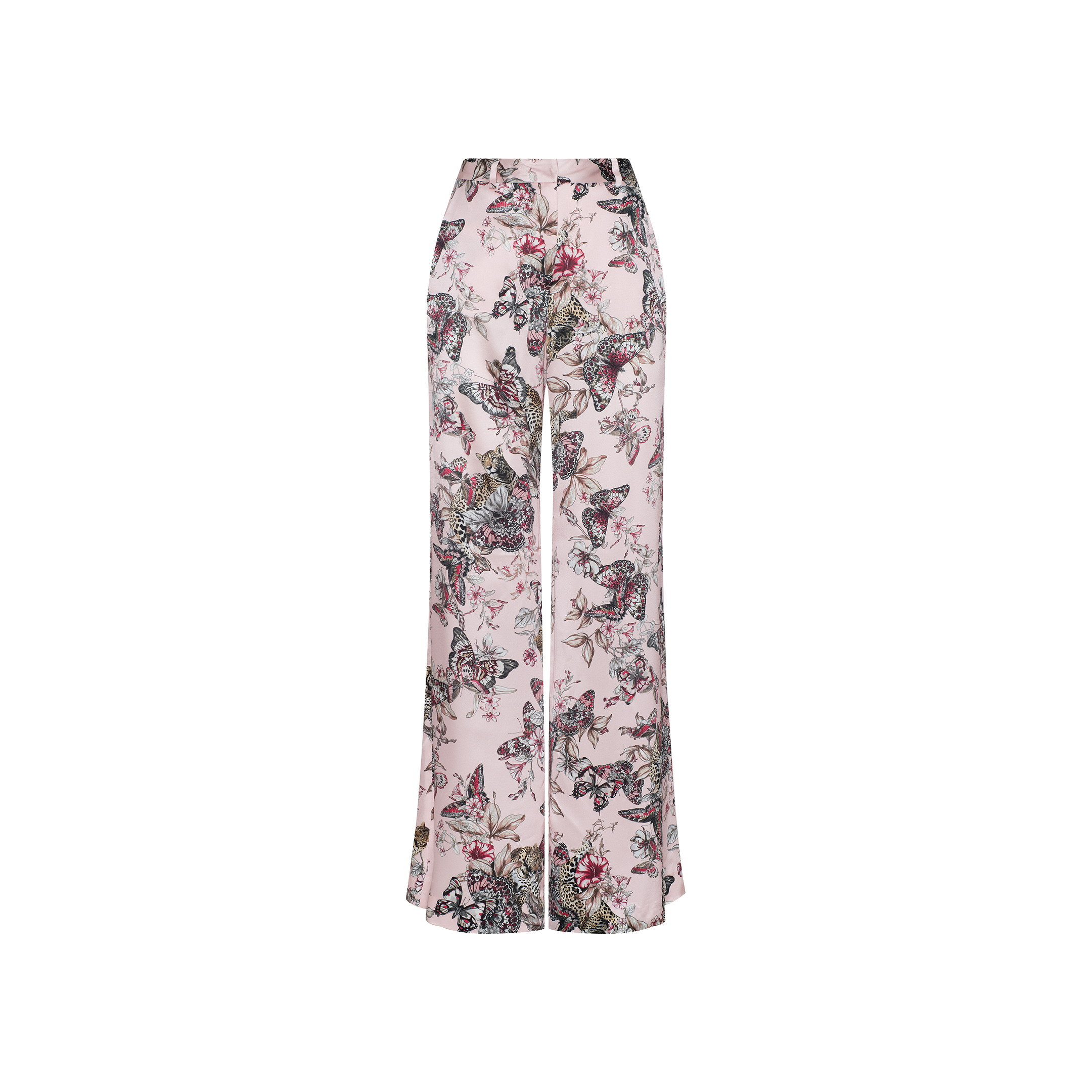 The Pilar Silk Wide-Leg Pant features a high-waisted, wide-leg silhouette crafted from flowy, lightweight silk. Designed with a pink background, these pants showcase an intricate butterfly jungle print in shades of black, white, and red.