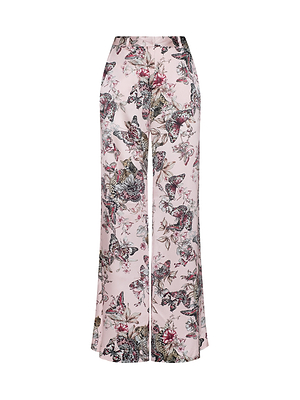 The Pilar Silk Wide-Leg Pant features a high rise and vibrant butterfly jungle print in pink silk, displayed against a plain white background.