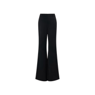 The Pilar Wide-Leg Pant is a black, high-waisted women’s trouser with a tailored fit through the waist and hips that flares dramatically from knee to hem. Displayed against a plain white background, these pants feature a sleek, unembellished design with no visible patterns.