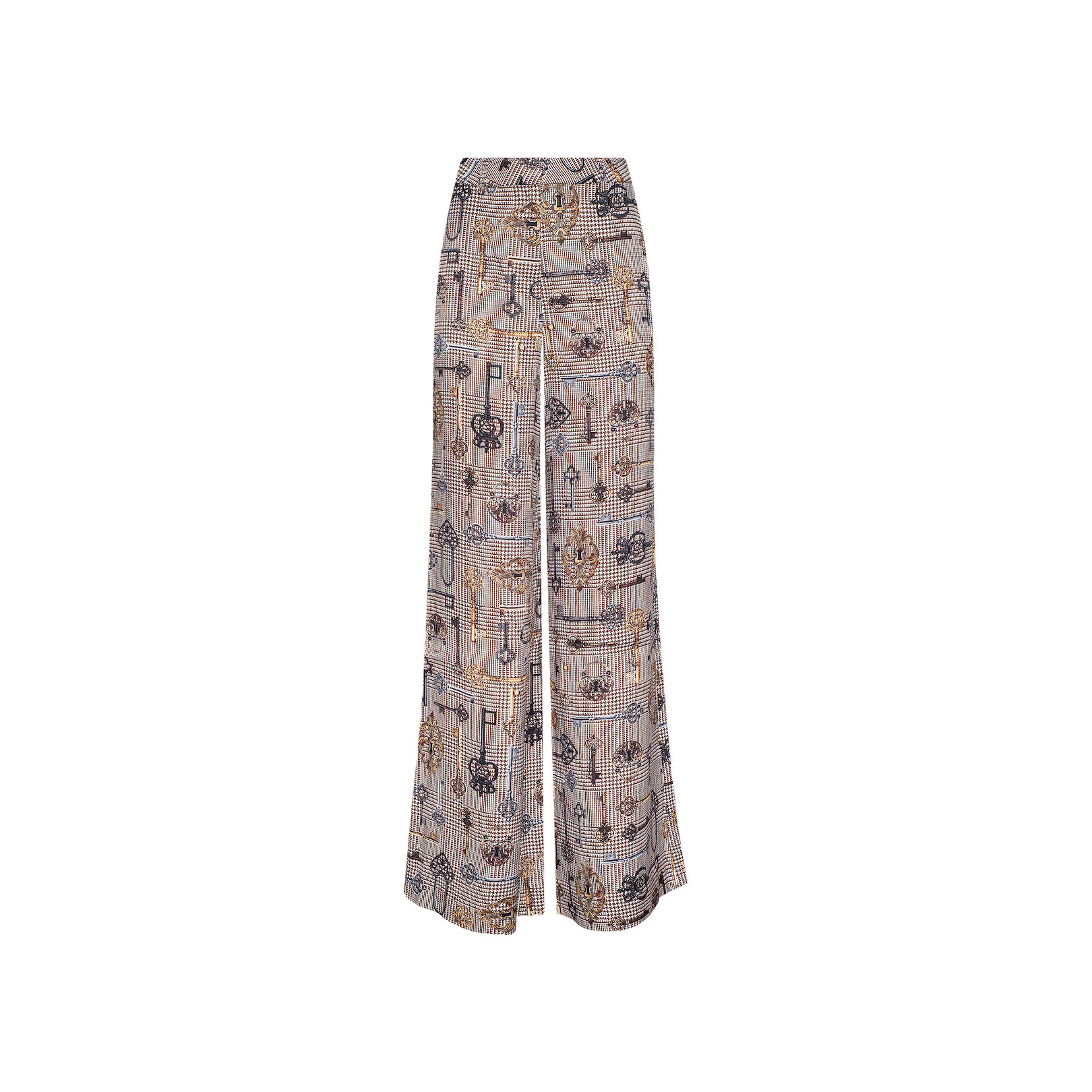The Pilar Wide-Leg Pant showcases a beige, black, and brown checkered pattern adorned with vintage key and lock illustrations. Crafted from satin jacquard, these trousers are displayed against a plain white background and feature a refined wide-leg silhouette that brings effortless elegance to any ensemble.