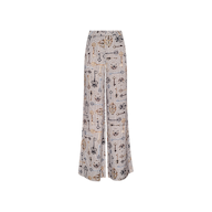 The Pilar Wide-Leg Pant is showcased against a plain white background, featuring a beige and black checkered pattern with abstract and geometric designs throughout its wide-leg silhouette.