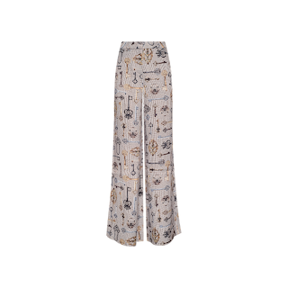 The Pilar Wide-Leg Pant showcases a beige, black, and brown checkered pattern adorned with vintage key and lock illustrations. Crafted from satin jacquard, these trousers are displayed against a plain white background and feature a refined wide-leg silhouette that brings effortless elegance to any ensemble.