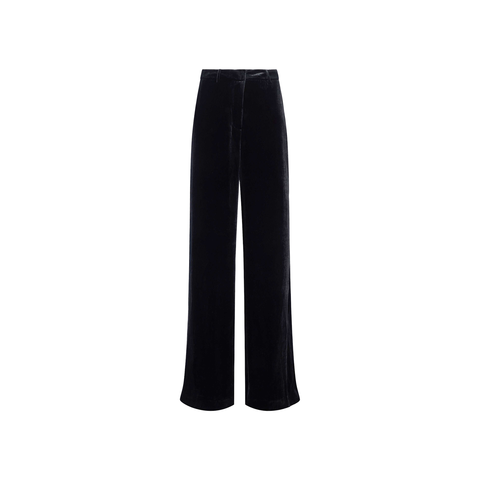 Pilar Velvet Wide-Leg Pant in black, crafted from luxurious silk-infused velvet with a high-rise fit, tailored waistband, and subtle front crease, displayed on a plain white background.