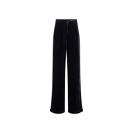 The Pilar Velvet Wide-Leg Pant features a high-rise, wide-leg silhouette with a simple, minimal design, crafted from silk-infused black velvet and showcased against a plain white background.