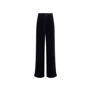 Pilar Velvet Wide-Leg Pant in black, crafted from luxurious silk-infused velvet with a high-rise fit, tailored waistband, and subtle front crease, displayed on a plain white background.