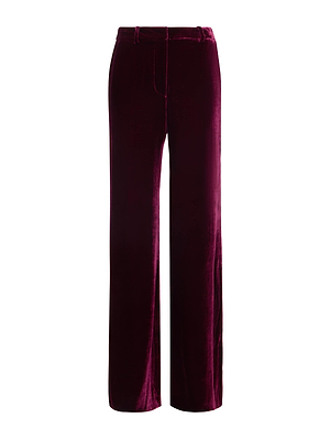 The Pilar Velvet Wide-Leg Pant by L'AGENCE features a high-rise silhouette in silk-infused burgundy velvet, shown against a white background.