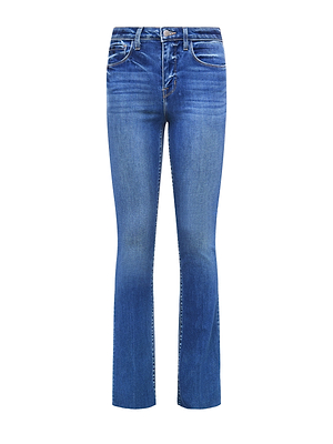 The Ruth Straight-Leg Jean features a classic blue high-rise fit with a fitted waist, front and back pockets, slight flare, and faded wash on the thighs and knees. Made from stretch denim for comfort and a worn-in look.