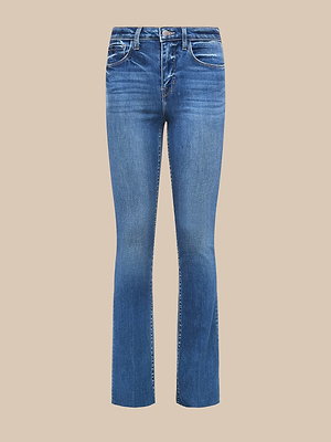 The Ruth Straight-Leg Jean is a pair of blue, high-rise stretch denim jeans with slight thigh fading and subtle pocket whiskering, shown against a beige background.