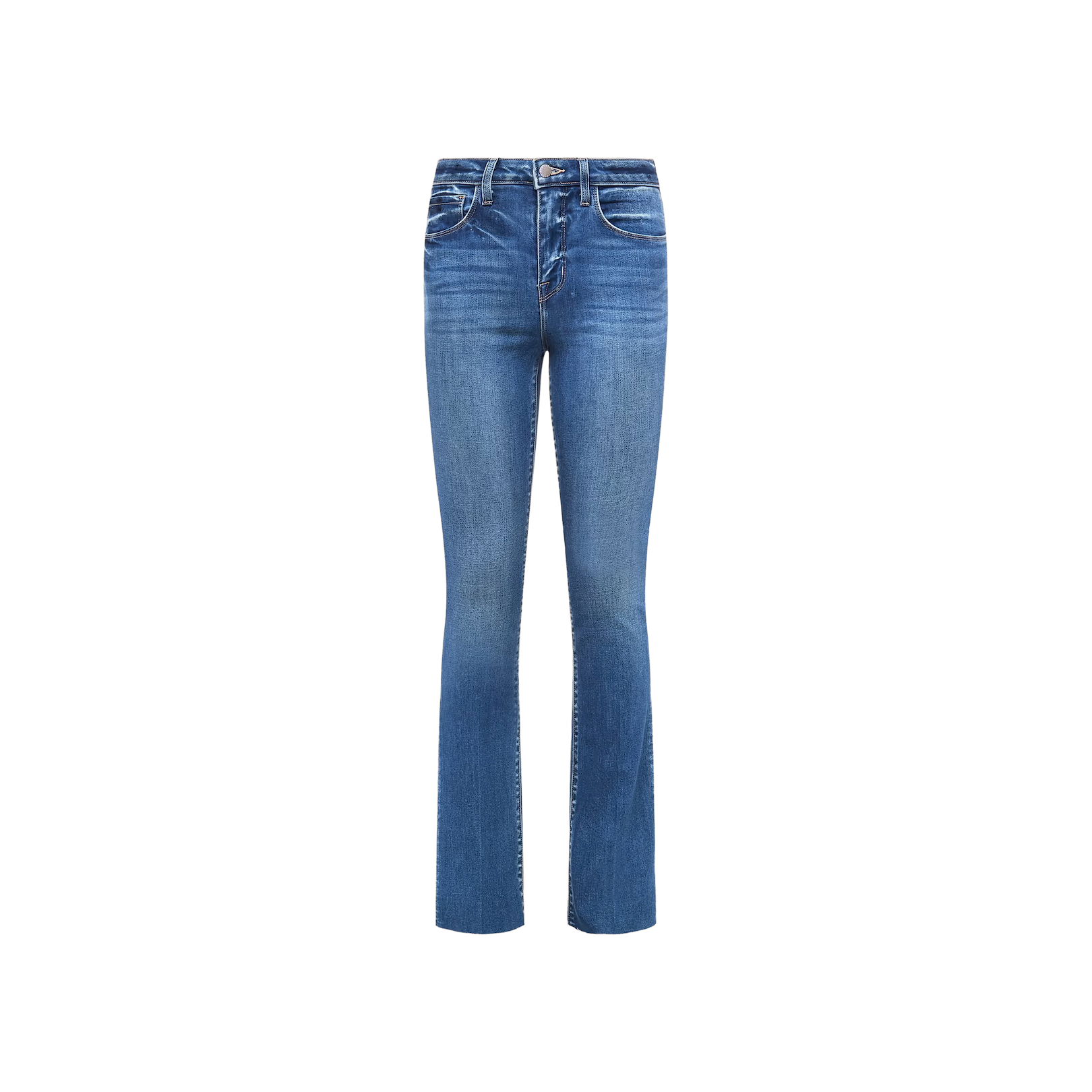 The Ruth Straight-Leg Jean is a pair of blue, high-waisted jeans made from premium stretch denim, featuring slight fading on the thighs and subtle whiskering near the hips, shown against a plain white background.