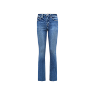 A pair of Ruth Straight-Leg Jeans in blue, featuring a high-rise waist and slight flare at the bottom, crafted from premium stretch denim and shown front-facing against a plain white background.