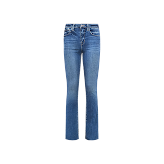 The Ruth Straight-Leg Jean is a pair of blue, high-waisted jeans made from premium stretch denim, featuring slight fading on the thighs and subtle whiskering near the hips, shown against a plain white background.