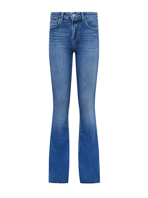 The L'AGENCE Ruth Straight-Leg Jean features blue sustainable denim, a fitted waist and thighs, slight flare at the hem, classic five-pocket style, and a faded wash effect on the front.