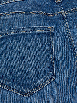 Close-up of the back pocket on L'AGENCE Ruth Straight-Leg Jean, showcasing the detailed stitching and textured classic stretch blue denim.