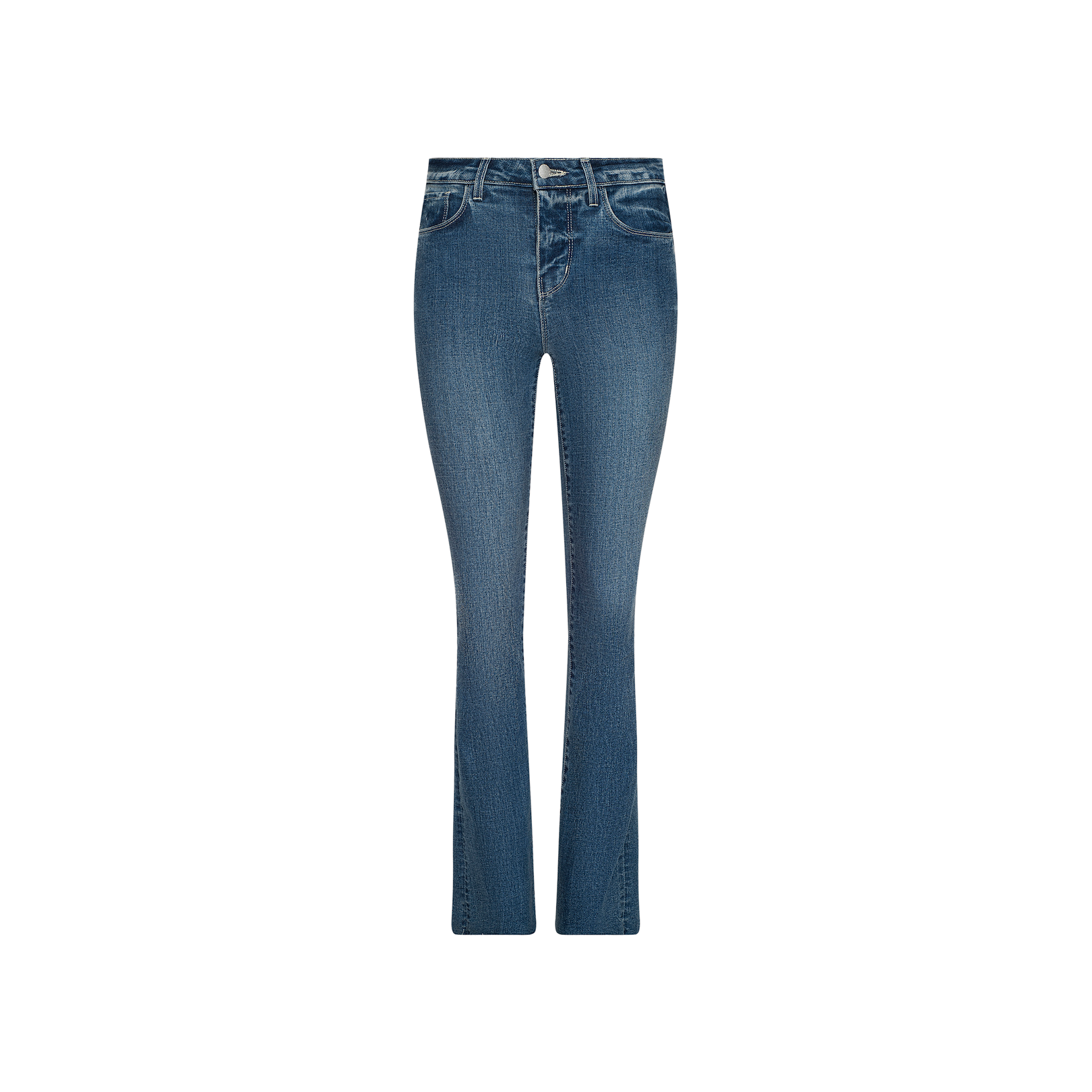 The Ruth Straight-Leg Jean features a high waist and classic five-pocket design, crafted from indigo blue denim with a fitted straight-leg silhouette, shown against a white background.