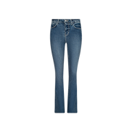 The Ruth Straight-Leg Jean, featuring indigo denim with a subtle flare at the hem, five-pocket styling, raw-edge detailing, and visible stitching, is displayed on a plain white background.