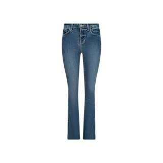 The Ruth Straight-Leg Jean features a high waist and classic five-pocket design, crafted from indigo blue denim with a fitted straight-leg silhouette, shown against a white background.