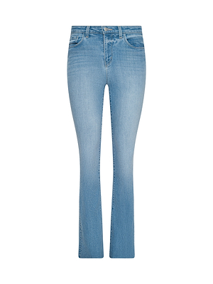 The Ruth Straight-Leg Jean in light blue features a high waist, slim fit, slight flare hem, classic stretch denim, five pockets, and button closure, shown on a white background.