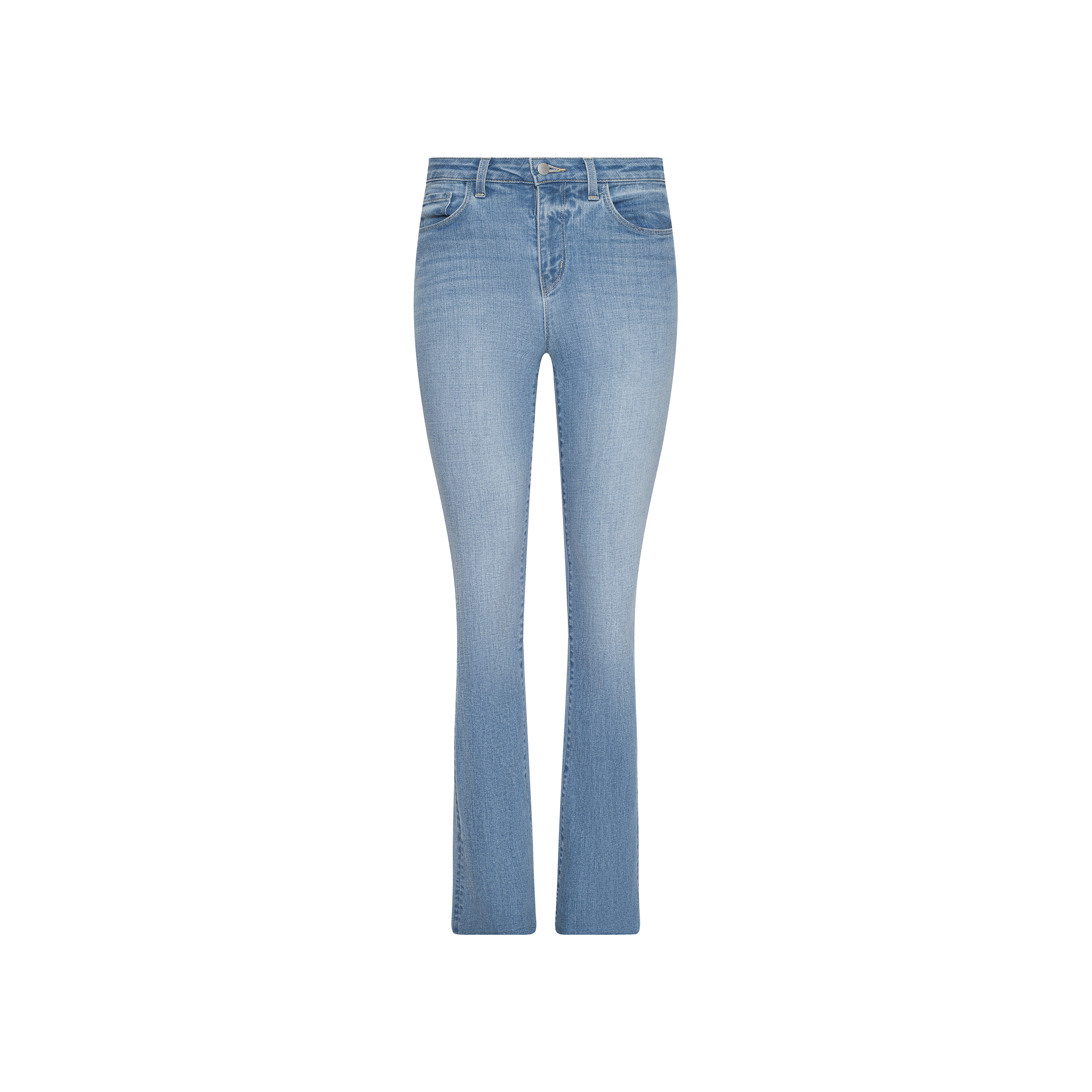Ruth Straight-Leg Jean in light blue vintage wash denim, shown against a plain white background. These high-waisted jeans offer a classic five-pocket design and feature a slim, gently flared straight leg with a raw hem.