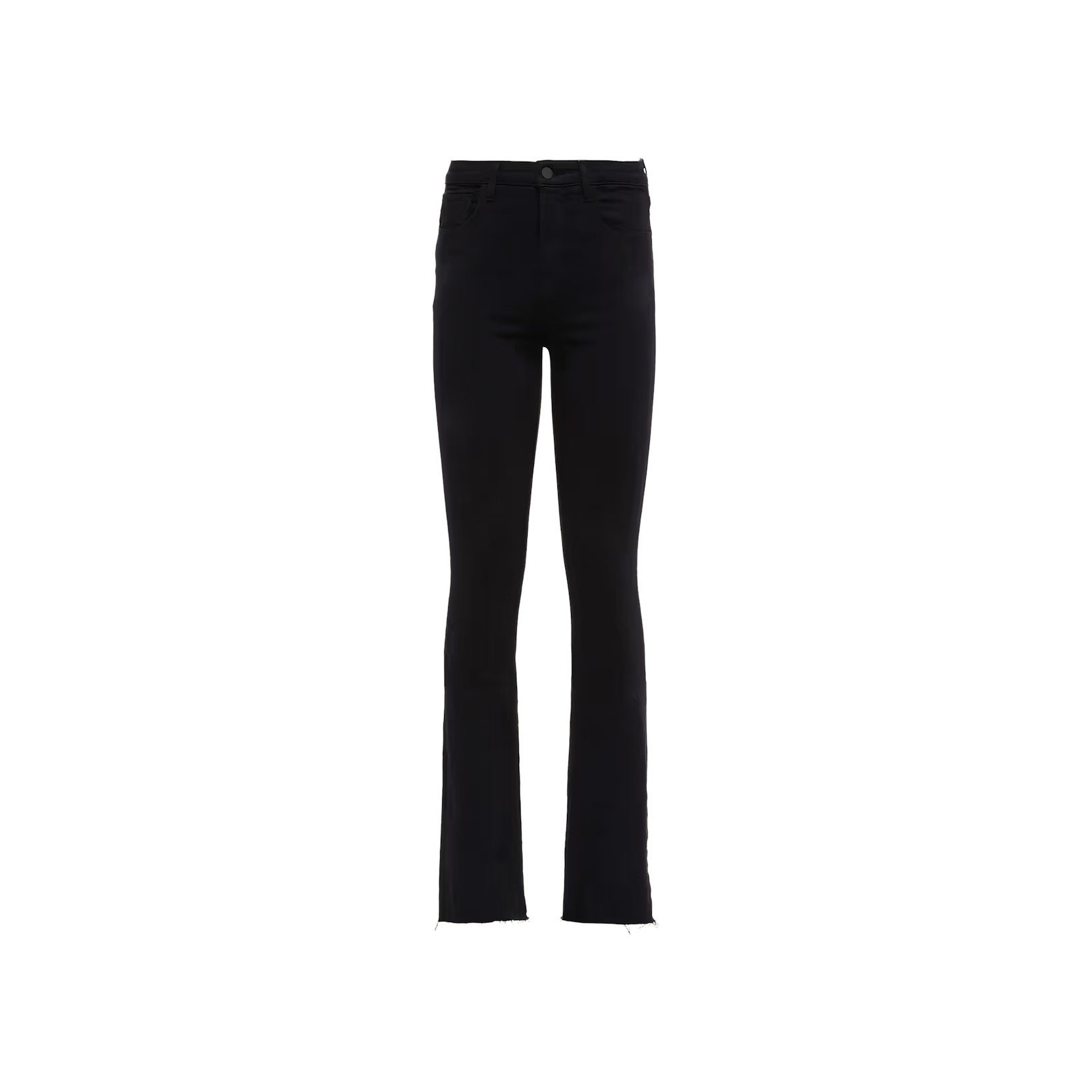 The Ruth Straight-Leg Jean, crafted from black stretch denim, features a high-waisted slim fit with a subtle flare at the hem and raw, unfinished edges. Displayed against a white background, these jeans are designed with a classic five-pocket style.