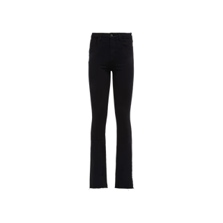 The Ruth Straight-Leg Jean, crafted from black stretch denim, features a high-waisted slim fit with a subtle flare at the hem and raw, unfinished edges. Displayed against a white background, these jeans are designed with a classic five-pocket style.