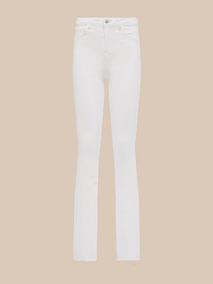 The Ruth Straight-Leg Jean is a high-rise, white denim crafted from premium stretch fabric, featuring a slim straight leg, subtle front pockets, and raw hems, shown against a beige background.