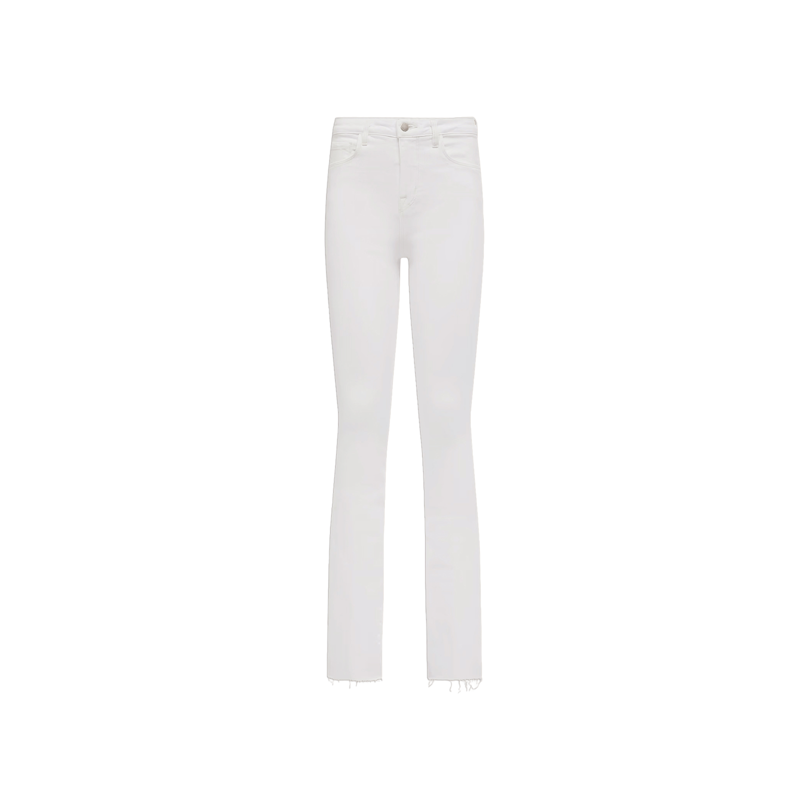 The Ruth Straight-Leg Jean is crafted from white stretch denim, designed with a high waist, straight leg silhouette, and raw unfinished hems, showcased against a plain white background.