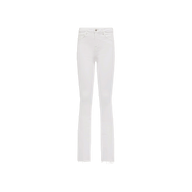The Ruth Straight-Leg Jean features a high-rise waist, slim straight-leg cut, and frayed hems, crafted from stretch denim in white and displayed against a plain white background.