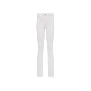 The Ruth Straight-Leg Jean is crafted from white stretch denim, designed with a high waist, straight leg silhouette, and raw unfinished hems, showcased against a plain white background.