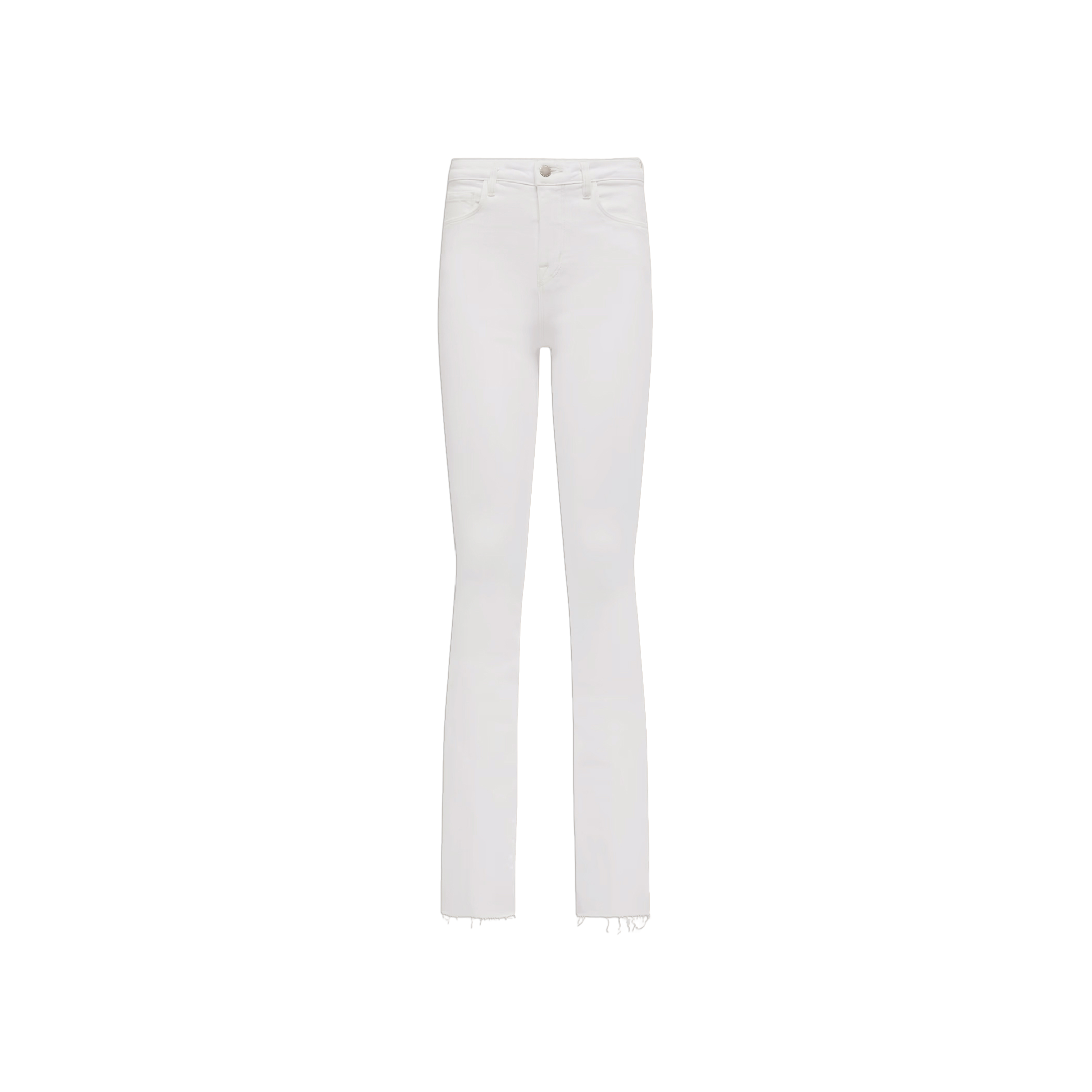 The Ruth Straight-Leg Jean features a high-rise waist, slim straight-leg cut, and frayed hems, crafted from stretch denim in white and displayed against a plain white background.