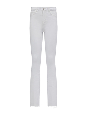 The Ruth Straight-Leg Jean features a white high-rise design, premium stretch denim, slim fit, button and zip closure, front and back pockets, and slightly frayed hems for a stylish touch.