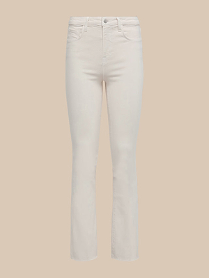 The Ruth Straight-Leg Jean in vintage white features a high-rise fit, premium stretch denim, front and back pockets, belt loops, and button-zip closure, shown against a plain beige background.