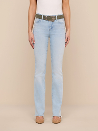 A person wearing the Ruth Straight-Leg Jean in classic stretch denim, paired with a brown belt, a white top, and brown shoes stands facing forward against a plain white background.