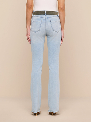 A person wearing the Ruth Straight-Leg Jean in light blue stretch denim and a white sleeveless top stands facing away, showing the back pockets against a plain beige background.