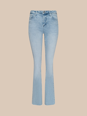 The Ruth Straight-Leg Jean features light blue stretch denim with a slight flare, vintage wash, classic five-pocket style, and button-zip closure, shown on a plain beige background.