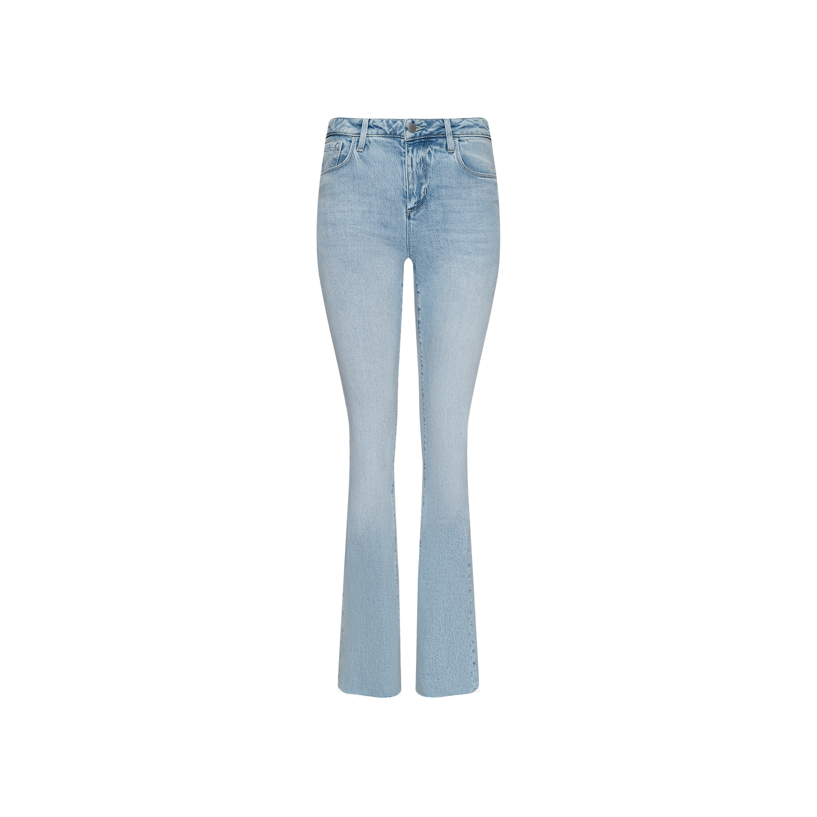The Ruth Straight-Leg Jean features a high-waisted silhouette in light blue stretch denim with a subtle vintage wash and slight flare at the hem, showcased against a plain white background.