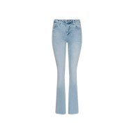The Ruth Straight-Leg Jean features light blue stretch denim with a high waist, classic five-pocket design, and a subtle flare at the hem. Finished with a raw edge and showcased against a plain white background.