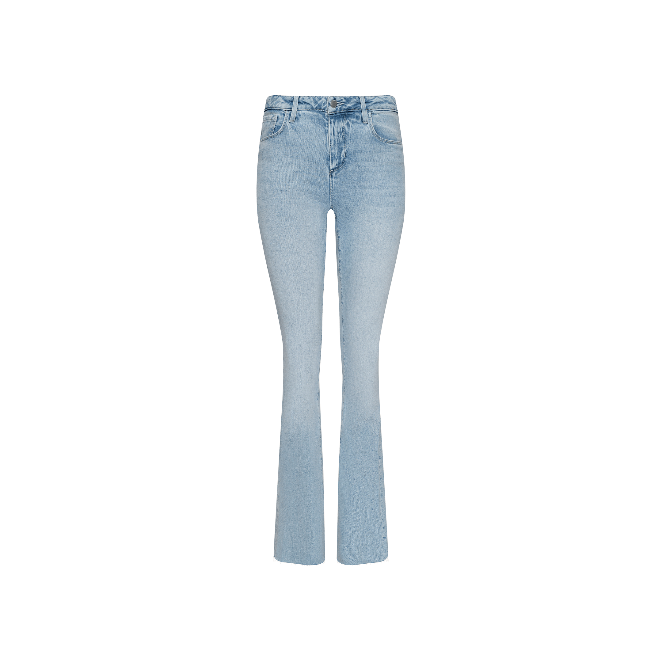 The Ruth Straight-Leg Jean features light blue stretch denim with a high waist, classic five-pocket design, and a subtle flare at the hem. Finished with a raw edge and showcased against a plain white background.