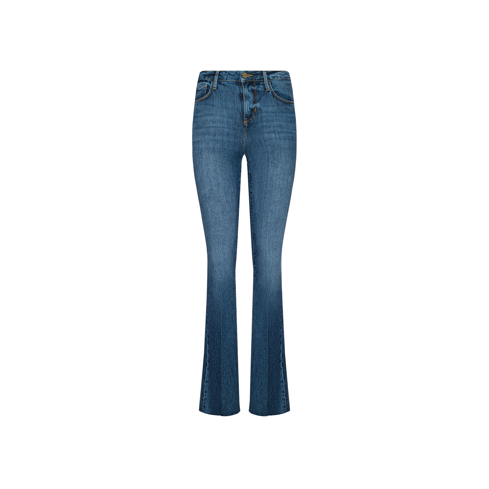 Ruth Straight-Leg Jean crafted from stretch denim in blue, featuring a fitted waist, front button and zipper closure, and a stylish raw hem, displayed against a plain white background.