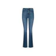 The Ruth Straight-Leg Jean, crafted from stretch denim in a medium indigo wash, features a high waist, belt loops, front button and zipper closure, and a fitted straight-leg silhouette with a slight flare at the bottom. This style is displayed against a plain white background.