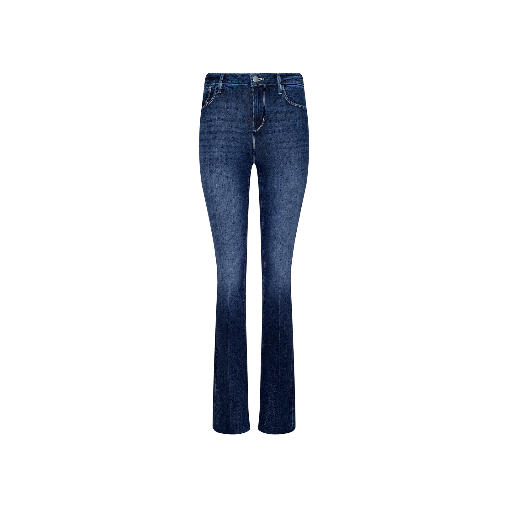 The Ruth Straight-Leg Jean, showcased against a plain white background, comes in an indigo wash with a slight fade on the thighs and knees, and features front and back pockets, a button closure, and belt loops.