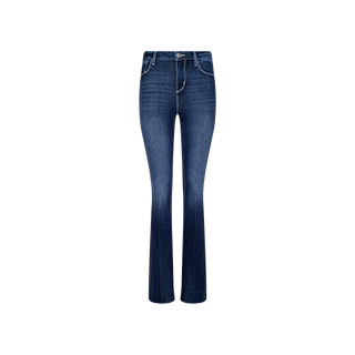 The Ruth Straight-Leg Jean, showcased against a plain white background, comes in an indigo wash with a slight fade on the thighs and knees, and features front and back pockets, a button closure, and belt loops.