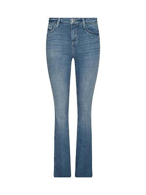The Ruth Straight-Leg Jean by L'AGENCE is a blue stretch denim with front pockets, belt loops, and button-zipper closure, shown on a white background.