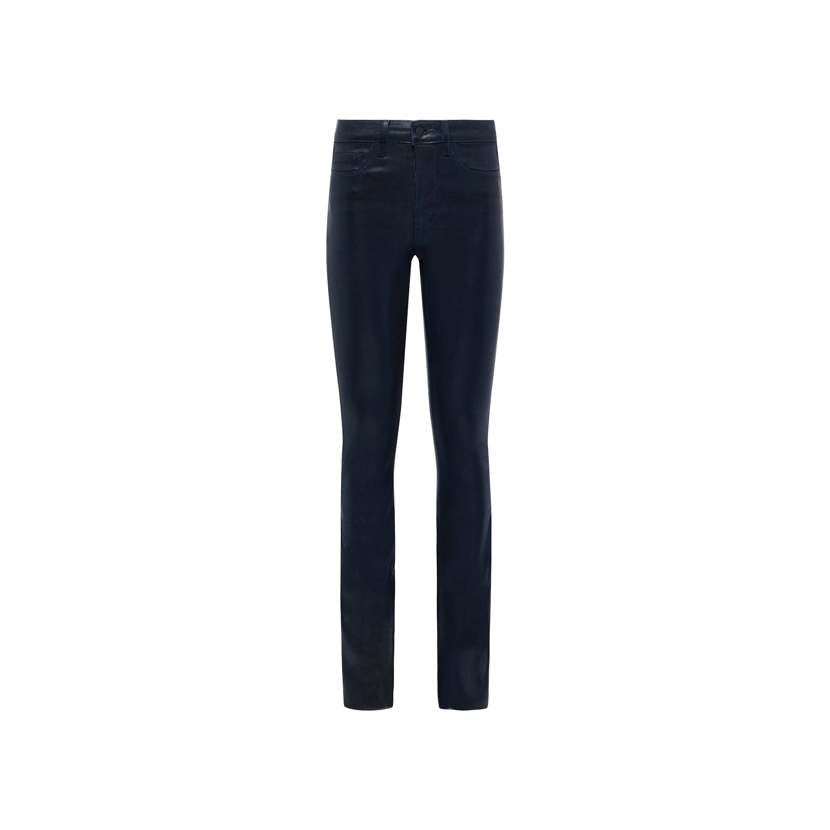 The Ruth Coated Straight-Leg Jean in dark blue features a high-rise silhouette, crafted from coated denim with five pockets and a button closure, shown against a plain white background.