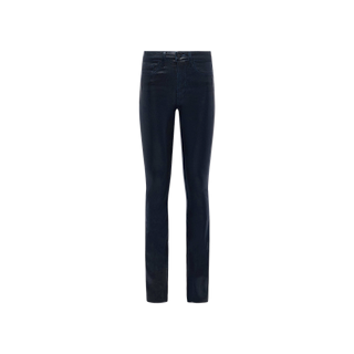 The Ruth Coated Straight-Leg Jean in dark blue features a high-rise silhouette, crafted from coated denim with five pockets and a button closure, shown against a plain white background.