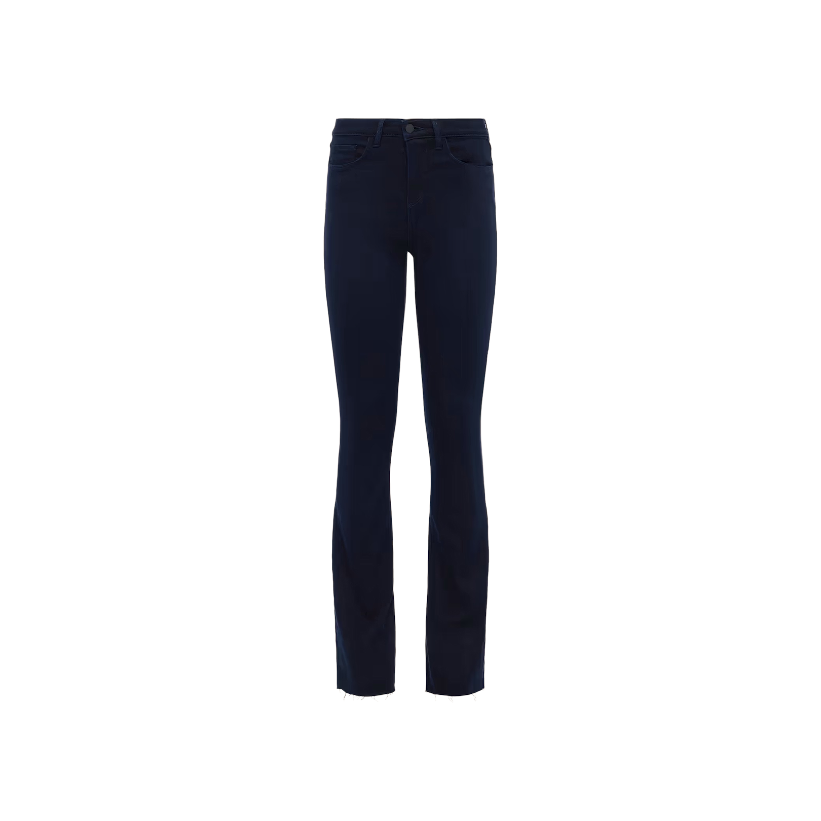 The Ruth Straight-Leg Jean, crafted from super stretch denim in a dark blue wash, features a classic five-pocket design and is shown against a plain white background.