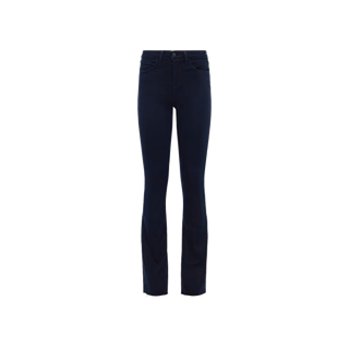 The Ruth Straight-Leg Jean, crafted from super stretch denim in a dark blue wash, features a classic five-pocket design and is shown against a plain white background.